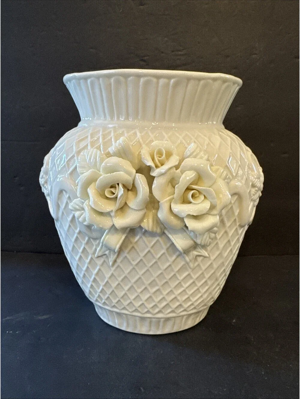 Vintage Porcelain Ivory Floral Vase Diamond Pattern Basket Weave  7” W X 7.5” H